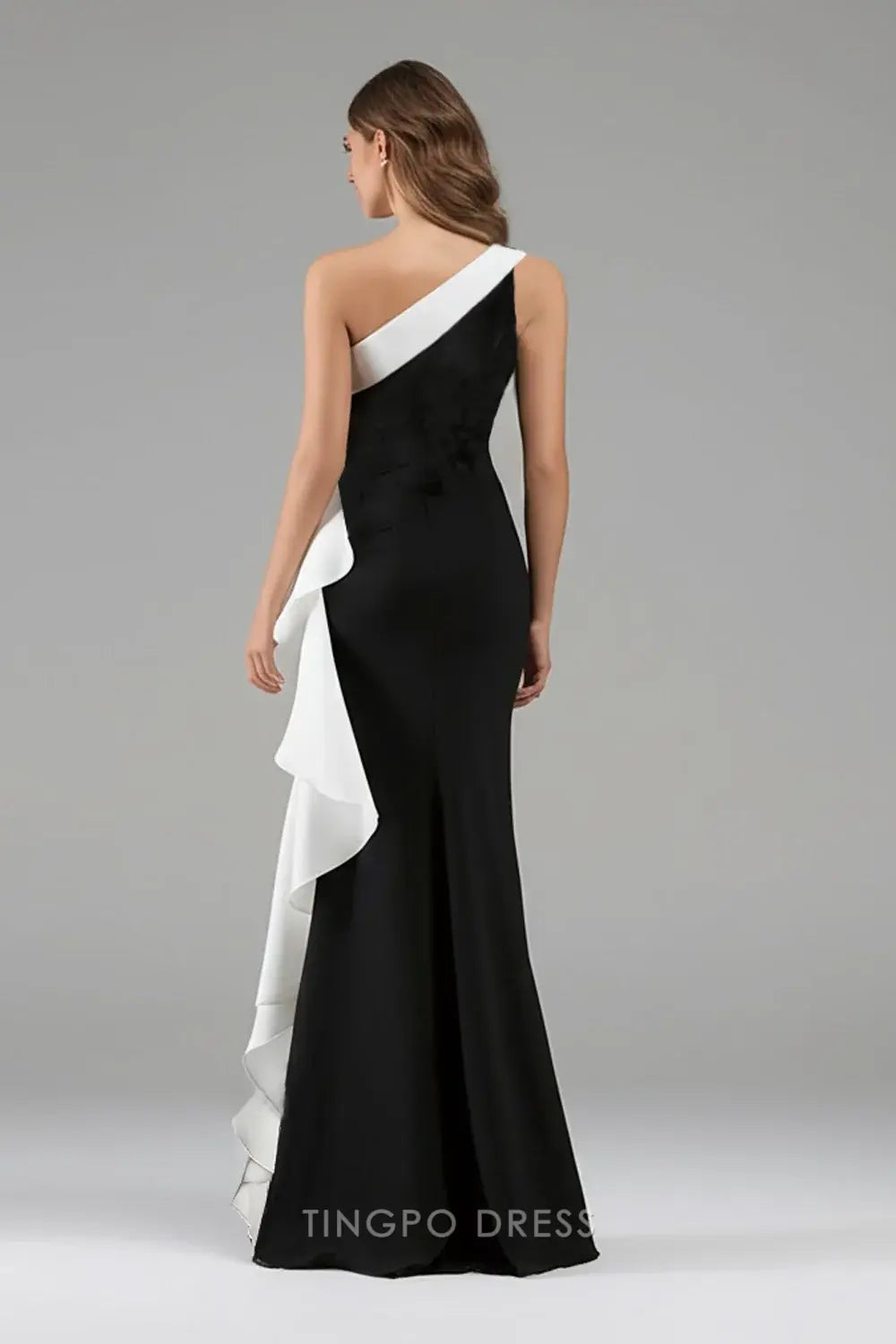 Elegant One - Shoulder Color Block Ruffle Mermaid Maxi Dress with Flower Detail Prom Dress